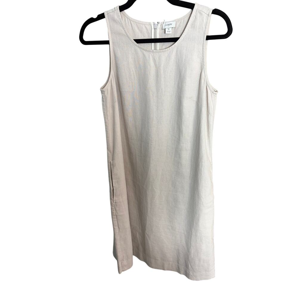 J. Crew Linen Blend Shift Dress Sleeveless Beige Oatmeal Midi Size 0 Pockets